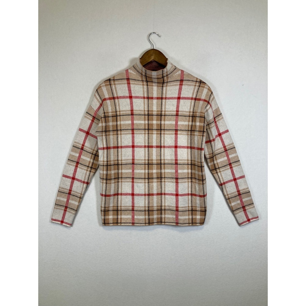 Minimalist Tahari Plaid Sweater Womens Medium Beige Red Mock Neck Knit Top